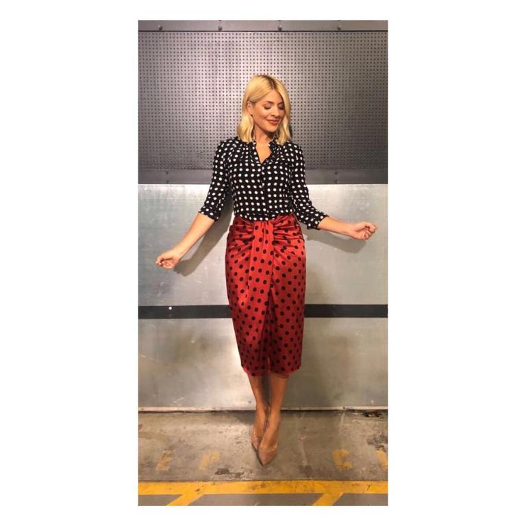 Holly Willoughby This Morning outfit style black and white polka dot shirt red polka dot skirt nude court shoes June 2018
