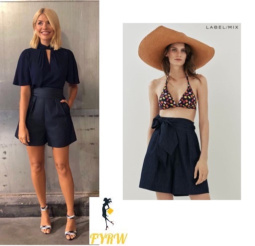 Holly Willoughby This Morning outfit style blog navy flutter sleeve top nay high waist shorts two tone sandals June 2018