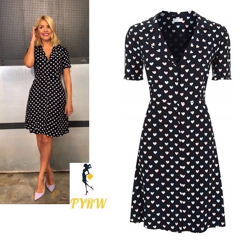 Holly Willoughby This Morning outfit style blue heart print dress grey court shoes June 2018