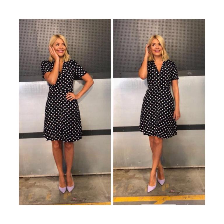 Holly Willoughby This Morning outfit style blue heart print dress pink court shoes June 2018