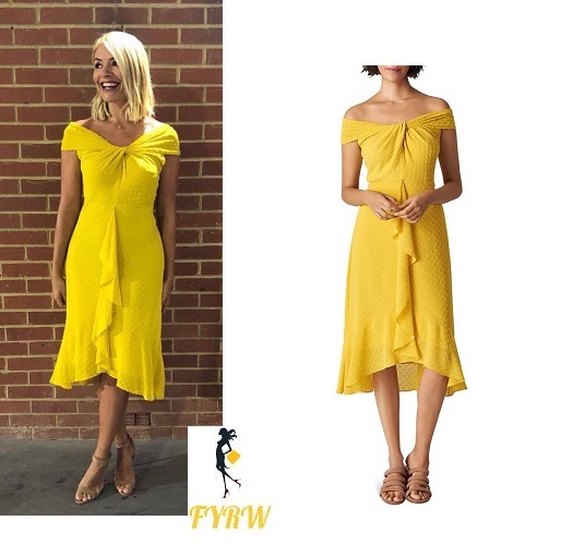 Holly Willoughby This Morning outfit style yellow off the shoulder dress nude sandals June 2018