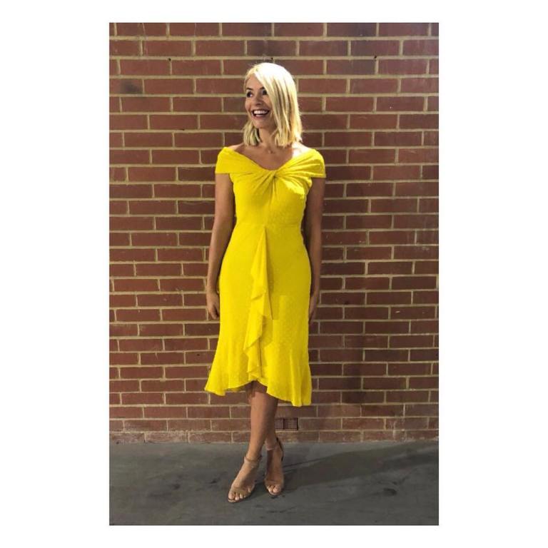 Holly Willoughby This Morning outfit style yellow off the shoulder dress nude sandals June 2018