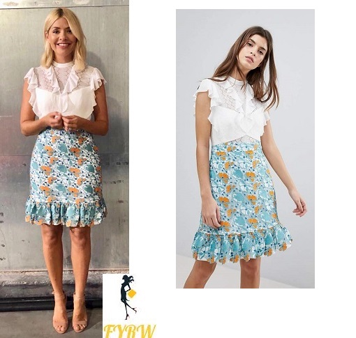 Holly Willoughby This Morning style outfit blog dress with white frill top and green and orange floral skirt June 2018