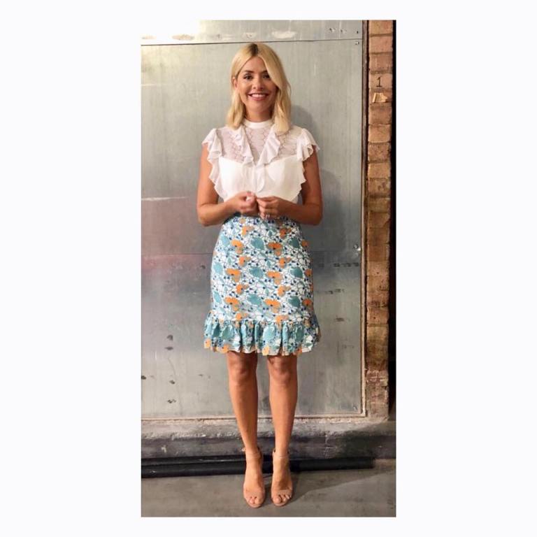 Holly Willoughby This Morning style outfit blog dress with white frill top and green and orange floral skirt June 2018