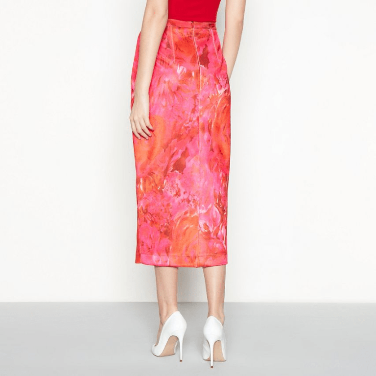 RICHARD QUINN Richard Quinn - Cerise Floral Print Satin Midi Pencil Skirt back view
