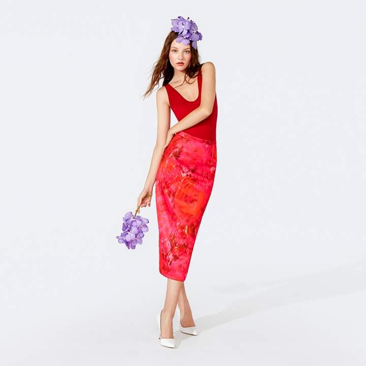 RICHARD QUINN Richard Quinn - Cerise Floral Print Satin Midi Pencil Skirt