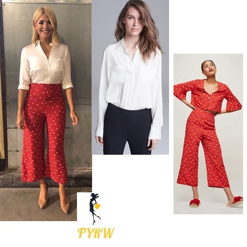 Holly Willoughby style outfit This Morning red print cropped trousers white shirt nude court shoes July 2018
