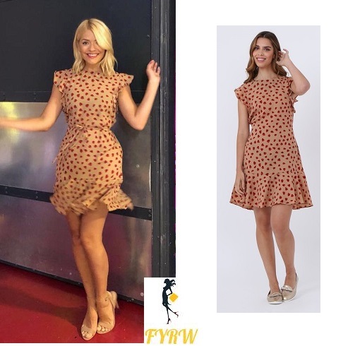 Holly Willoughby style outfit blog This Morning leaf print frill dress nude sandals July 2018