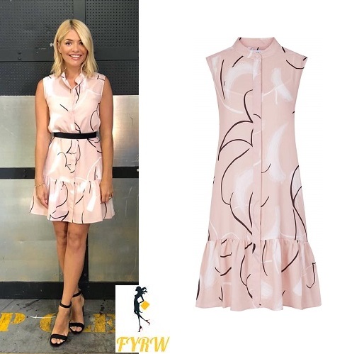 Holly Willoughby style outfit bog This Morning pink print dress black sandals July 2018 photo Angie Smith