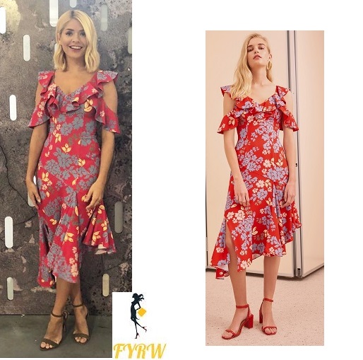 Holly Willoughby style outfit This Morning red floral midi dress brown sandals July 2018