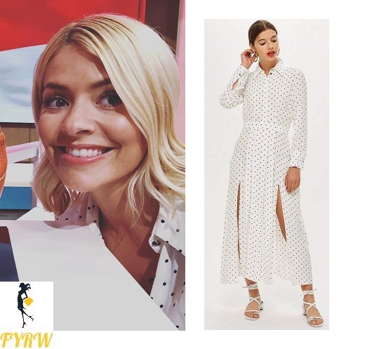 Holly Willoughby style outfit This Morning white polka dot shirt dress black sandasl July 2018