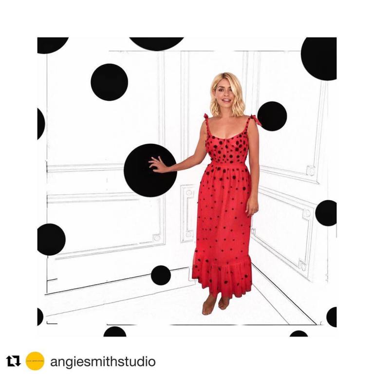 Holly Willoughby style red spotted tulle gown with black lace flower embellishment