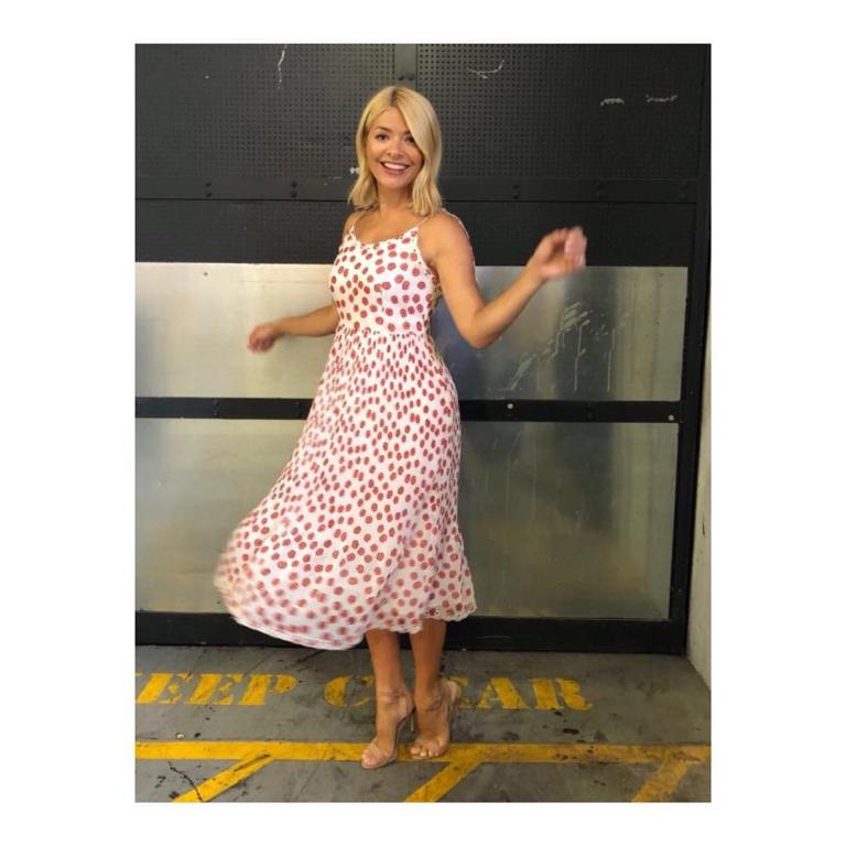 Holly Willoughby white spaghetti strap dress red print nude sandals July 2018