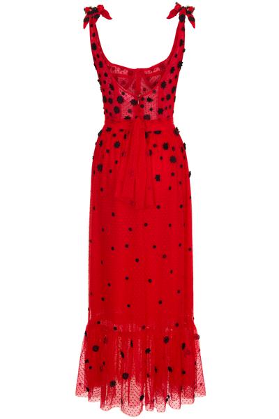 Natalie &amp; Alanna red spotted tulle gown with black lace flower embellishment back view