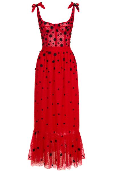 Natalie &amp; Alanna red spotted tulle gown with black lace flower embellishment