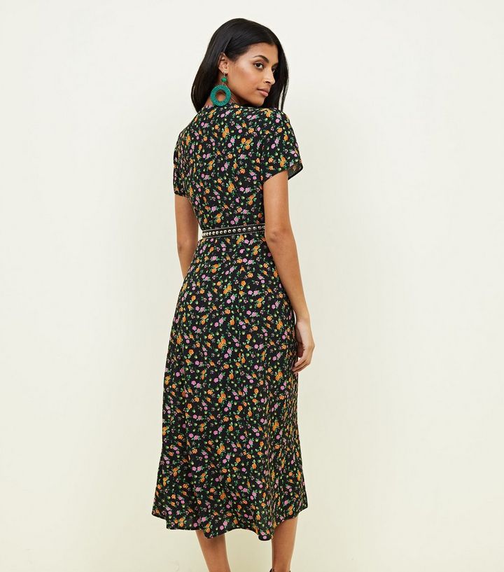 New Look Black Bright Floral Button Through Midi Tea Dress back view