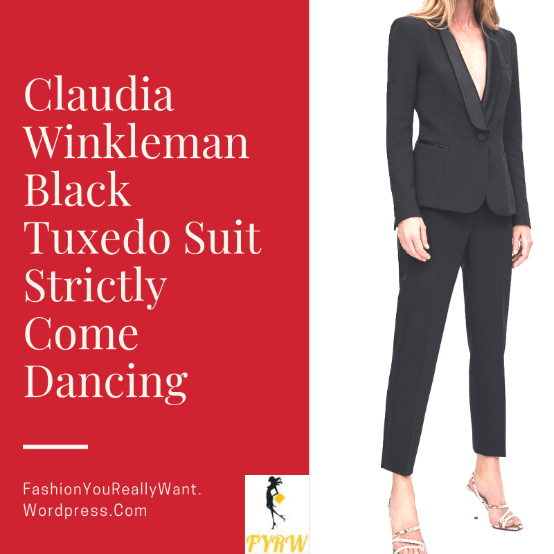 Claudia Winkleman black satin lapel tuxedo jacket and trousers gold hoop earring Strictly Launch August 2018