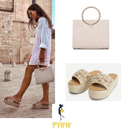 Louise Thompson style white oversize shirt pearl espadrilles hoop bag 2 July 2018