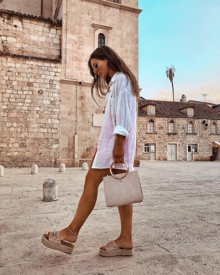 Louise Thompson style white oversize shirt pearl espadrilles hoop bag 2 July 2018