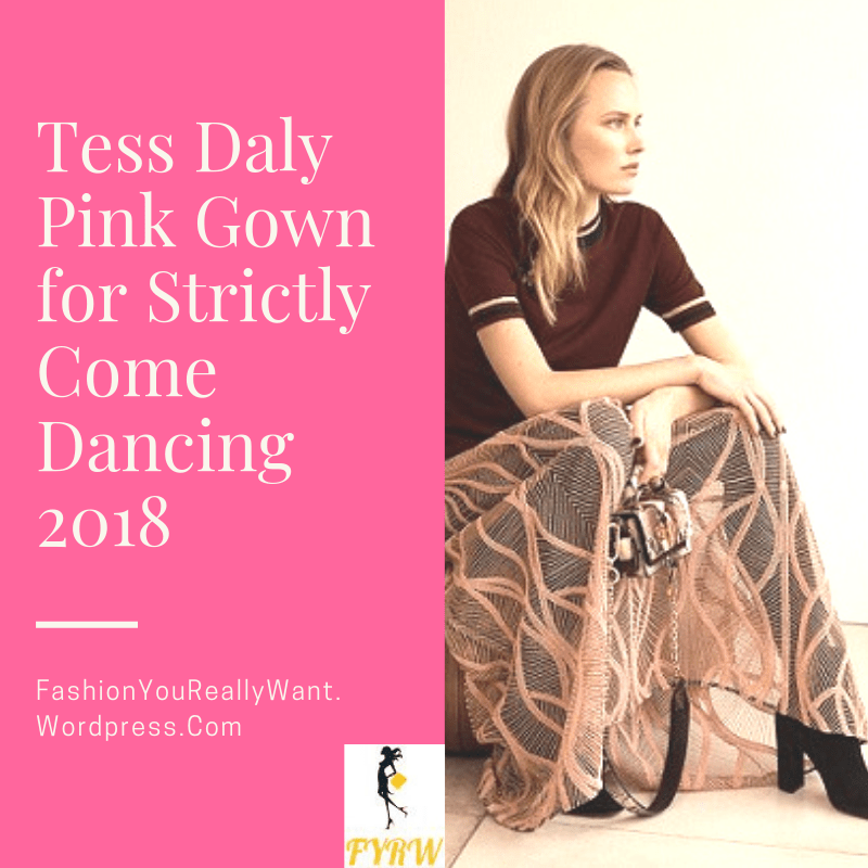 Tess Daly Strictly Come Dancing 2018 dress pink leaf motif dress satin court shoes August 2018