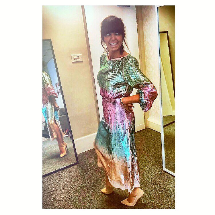 Claudia winkleman Strictly dress tonight pink green ombre sequin midi dress September 2018 photo