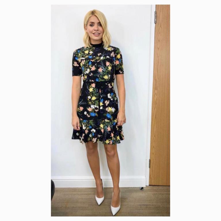 Holly Willoughby Celebrity Juice outfit black floral dress white court shoes September 2018