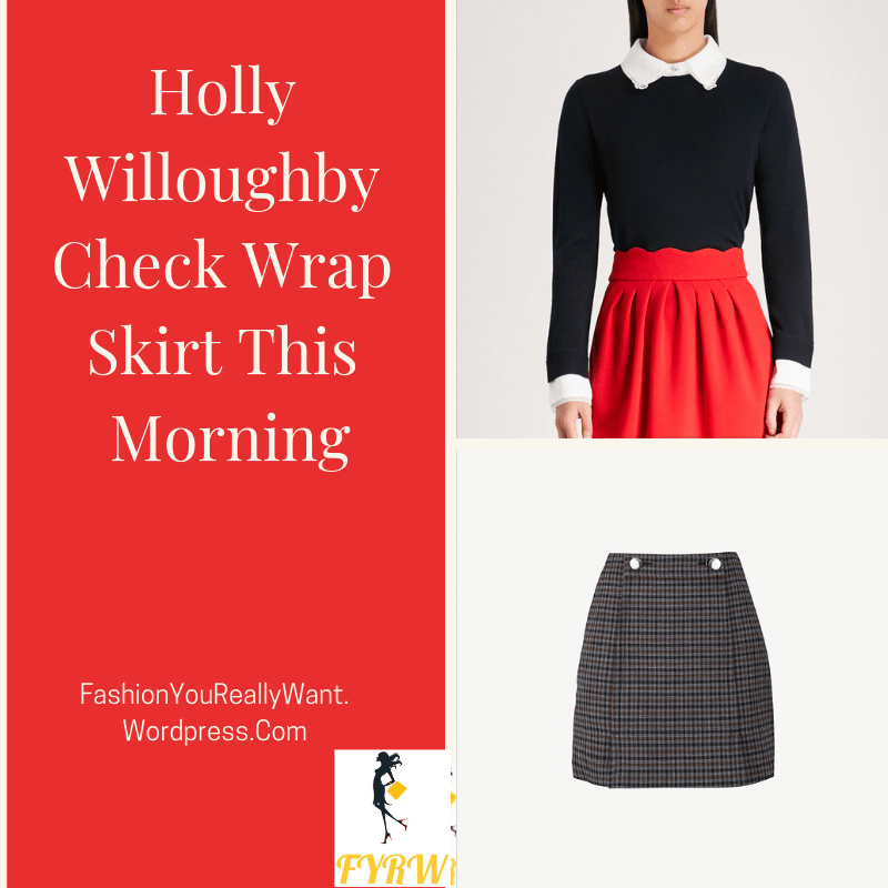 Holly Willoughby style outfit blog grey check skirt black jumper with white collar and cuffs black suede court shoes This Morning September 2018