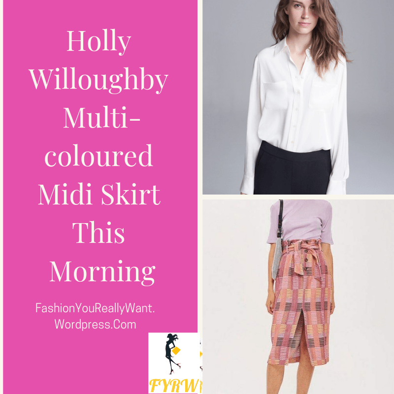 Holly Willoughby This Morning style outfit blog ivory shirt multi colour pink split skirt nude court shoes September 2018