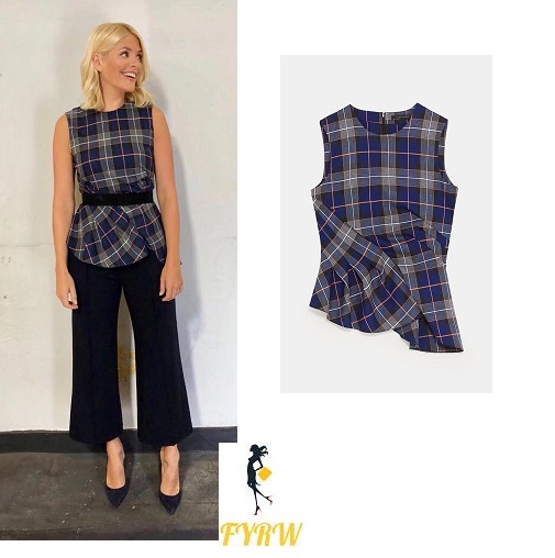 Holly Willoughby style outfit blog This morning blue check pleated top wide cropped trousers suede court shoes September 2018