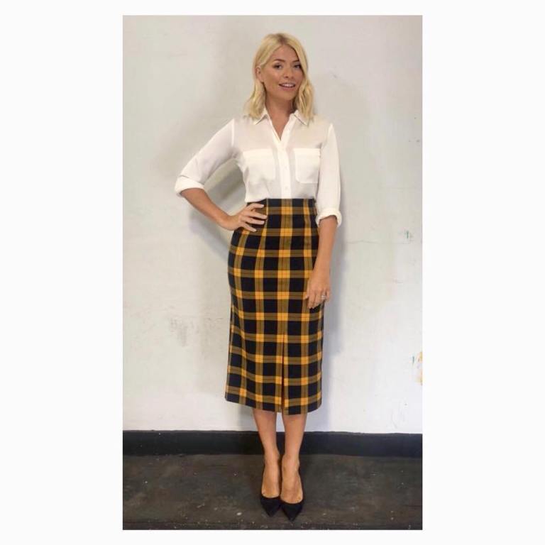 Holly Willoughby style outfit This morning blog yellow and black check shirt ivory blouse black court shoes September 2018