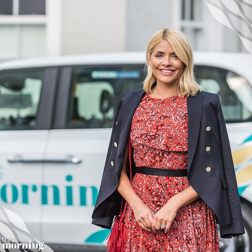 Holly Willoughby style red and black ruffle dress navy blazer August 2018