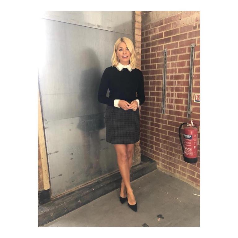 Holly Willoughby style This Morning black jumper white collar grey check skirt black suede court shoes Septembr 2018 photo Angie Smith