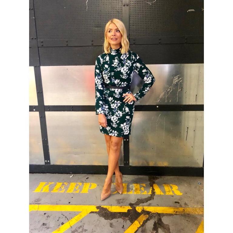 Holly Willoughby style This Morning green and white floral dress nude court shoes September 2018