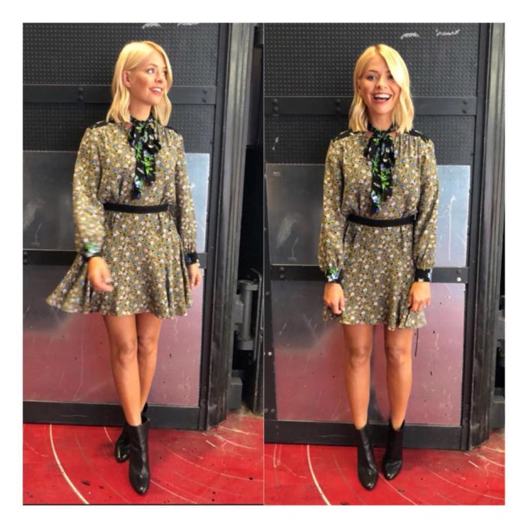 Holly Willoughby style This Morning green printed pussy bow dress black ankle boots September 2018