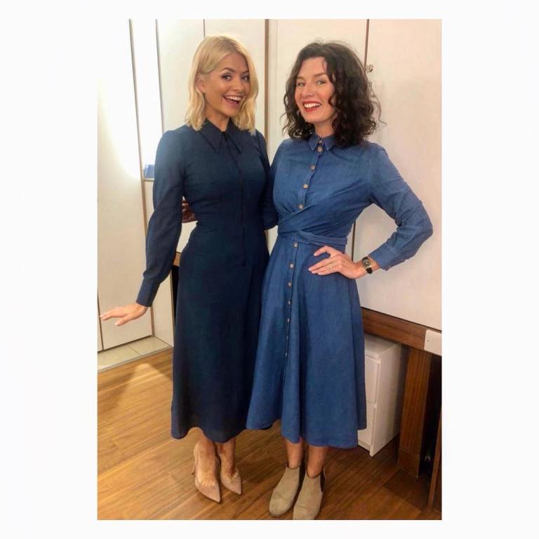 Holly Willoughby This Morning outfit today blue zip shirt dress nude court shoes September 2018