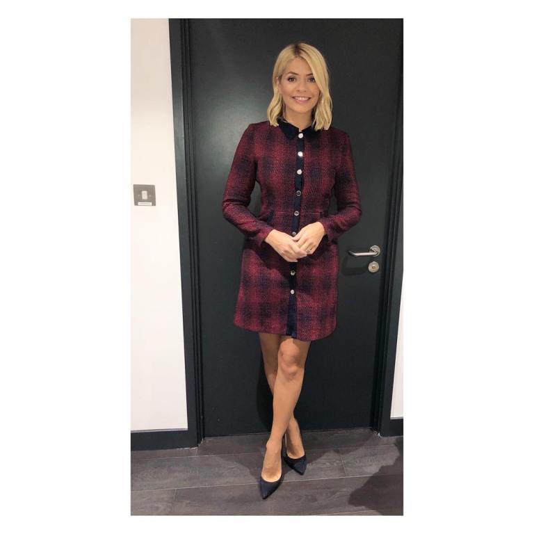 Holly Willoughby This Morning outfit today red and black check dress black court shoes September 2018