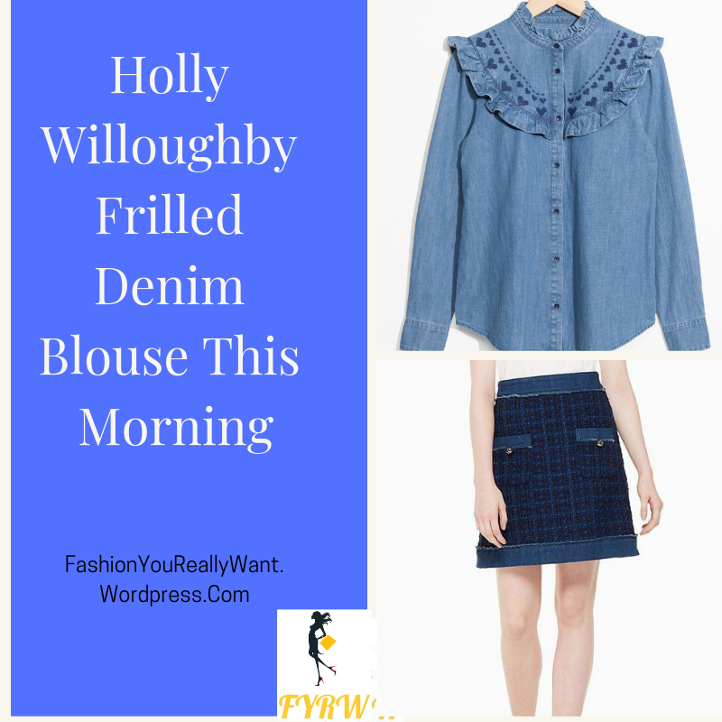 Holly Willoughby This Morning outfit style blog frilled denim heart blouse blue tweed skirt red ankle boos September 2018