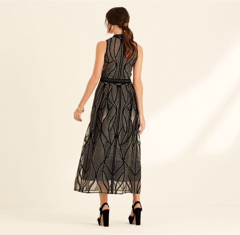 Amanda Wakeley Black &amp; Copper Corded Embroidery Cocktail Dress back view