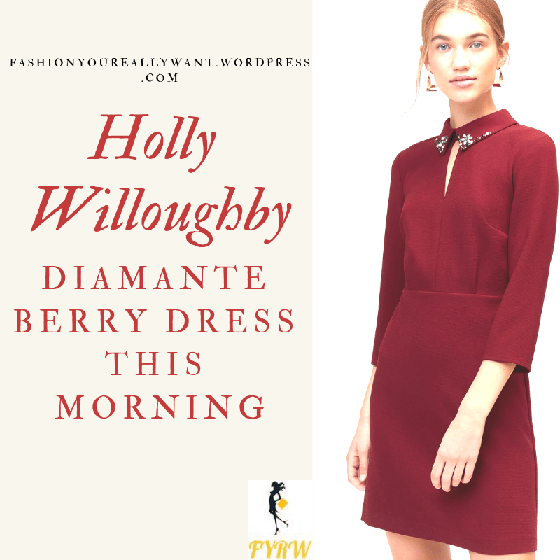 Holly Willoughby This Morning outfit today blog berry red diamante collar dress red velvet court shoes October 2018