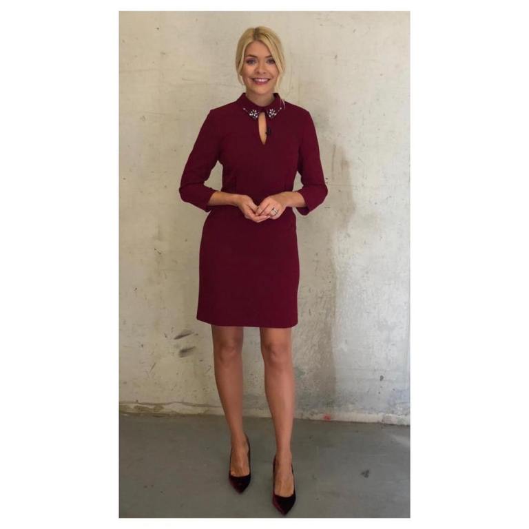 Holly Willoughby This Morning dress today berry dress with diamante collar red velvet shoes October 2018
