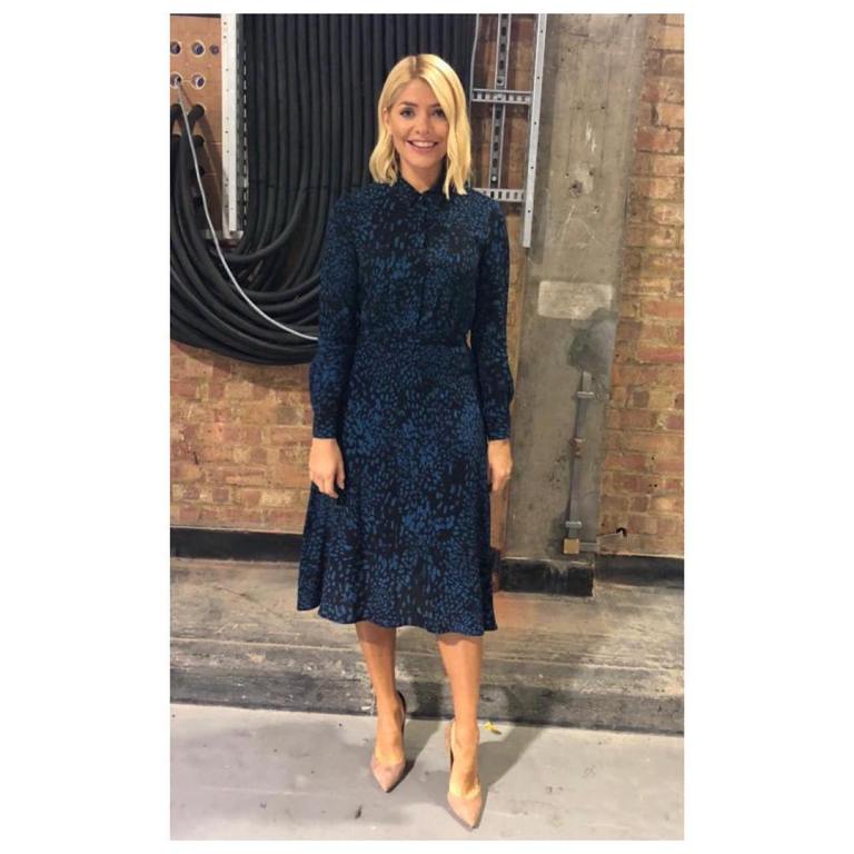 Holly Willoughby This Morning outfit today blue and black shirt dress nude court shoes October 2018