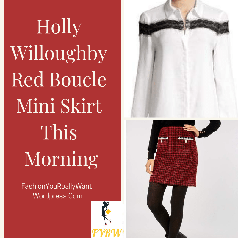 Holly Willoughby This Morning outfit today blog white shirt with black lace red tweed boucle skirt with pearls black ankle boots October 2018