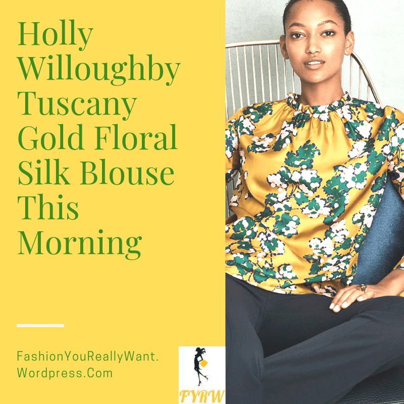 Holly Willoughby his Morning outfit today gold mustard floral top navy crop trousers pink suede court shoes blog October 2018