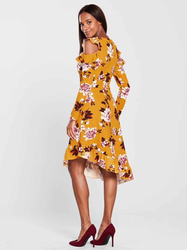 V By Very Frill Asymmetric Cold Shoulder Dress in Floral Print back view