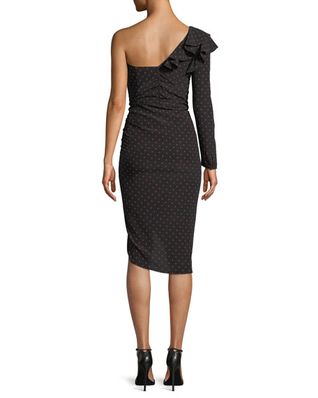 Veronica Beard Leona Ruched Polka-Dot One-Shoulder Ruffle Dress back view