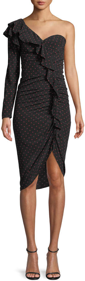 Veronica Beard Leona Ruched Polka-Dot One-Shoulder Ruffle Dress