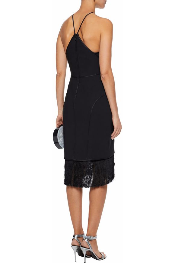 Cinq À Sept Bryn Fringed Satin-Trimmed Crepe Halterneck Dress back view