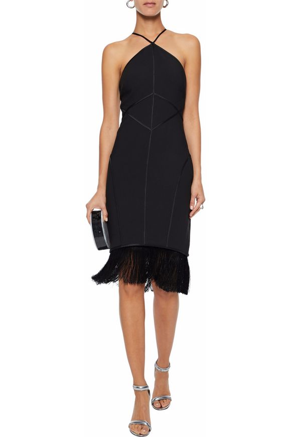 Cinq À Sept Bryn Fringed Satin-Trimmed Crepe Halterneck Dress
