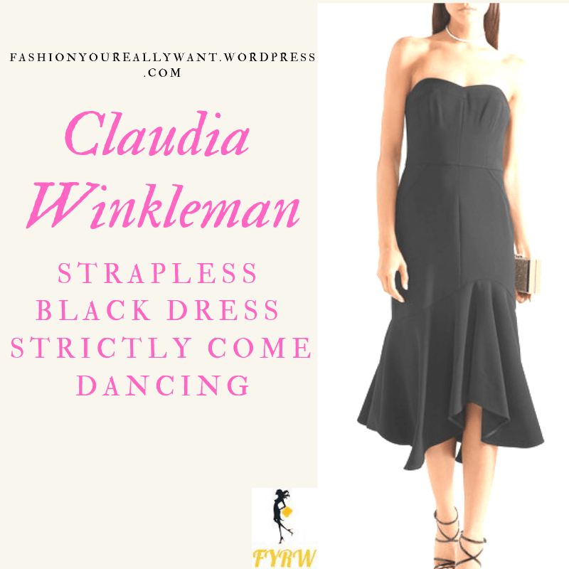 Where to get Claudia Winkleman Strictly Strapless Black Dress asymmetric skirt outfit blog November 2018