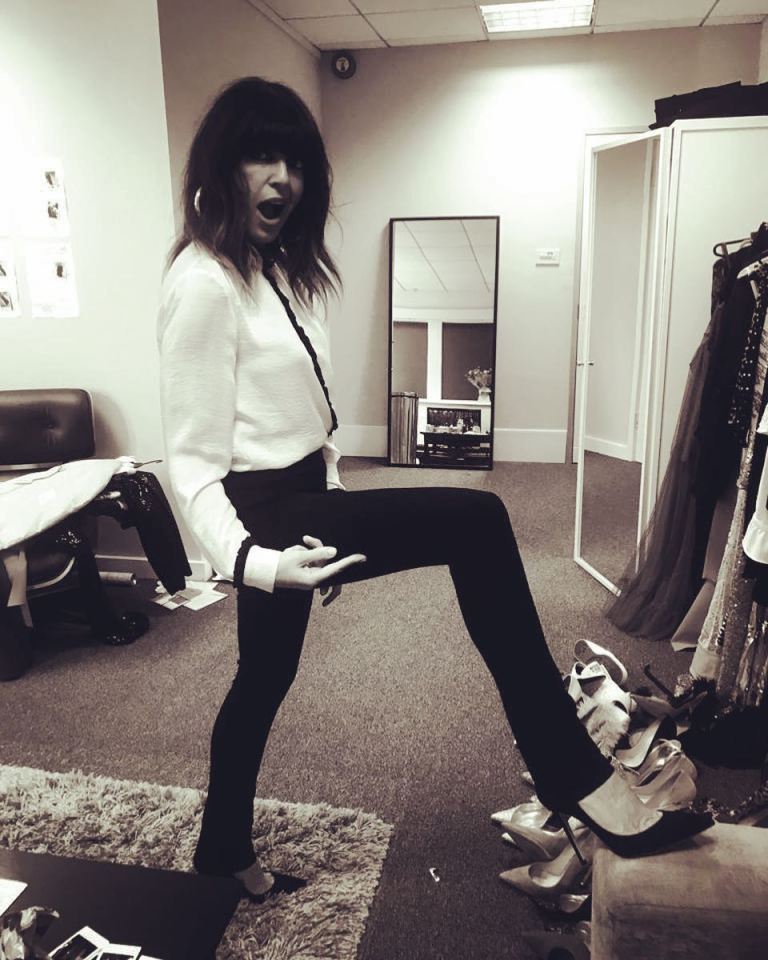 Claudia Winkleman white and black blouse black slim trousers November 2018